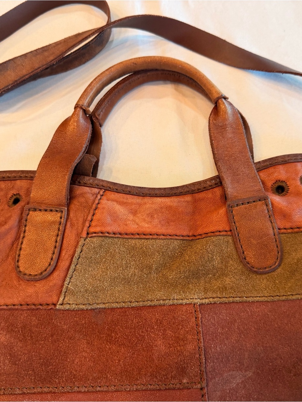Vintage Lucky Brand Patchwork Suede & Leather Dual Handle Tote in Earth Shades - Picture 4 of 11